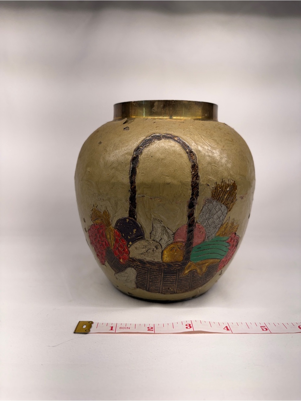 Vintage Hand-Painted Enamel Brass Vase - Fruit Basket Design